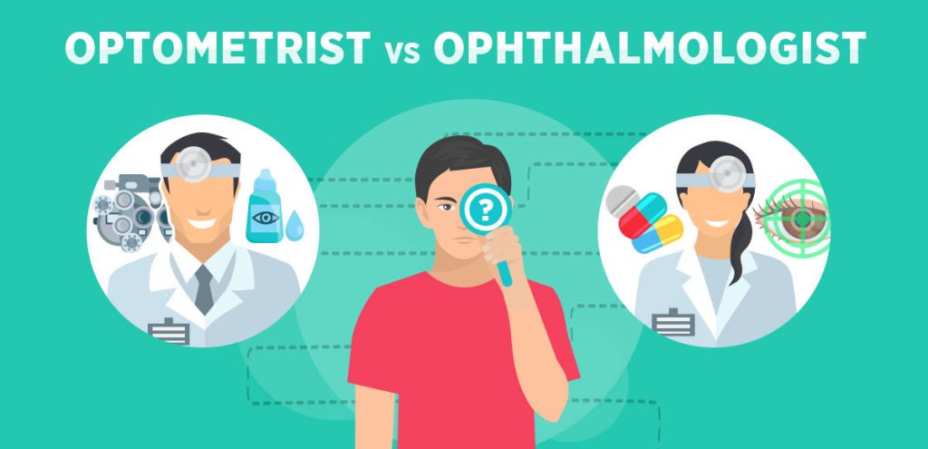 Illustration comparing optometrist and ophthalmologist roles, featuring a male figure holding a magnifying glass and symbols of eye care, with text "OPTOMETRIST vs OPHTHALMOLOGIST."